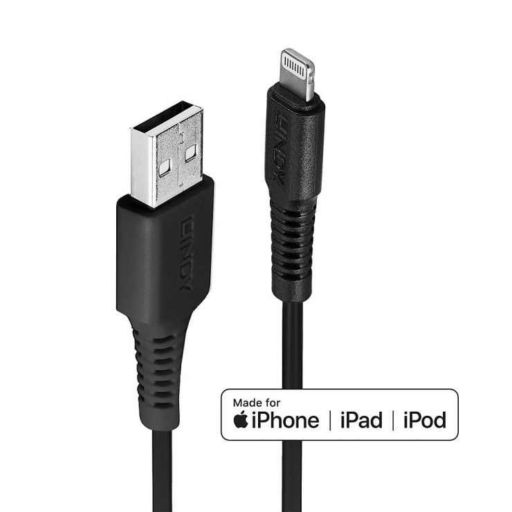 Imagine Cablu date si incarcare USB la Lightning MFI 0.5m Negru, Lindy L31319
